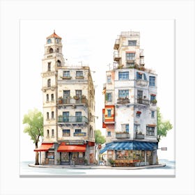 Watercolor Illustration Of Two Buildings Canvas Print
