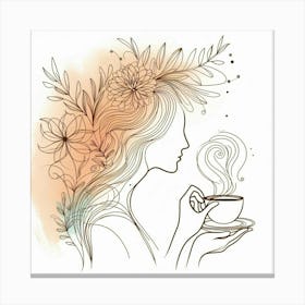 Beauty Side Silhouette With Flowers Drinking Coffee - Line Drawing Canvas Print