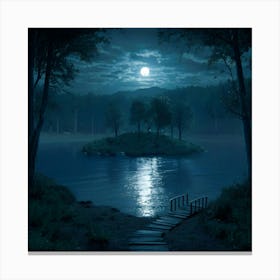 A Serene Nighttime Scene Of A Forest By The Lakes Canvas Print