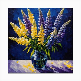 Purple and Yellow Lupins in Glass Vase Canvas Print