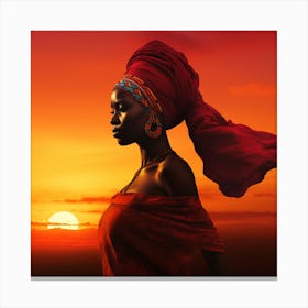 African Woman In Red Turban At Sunset Canvas Print