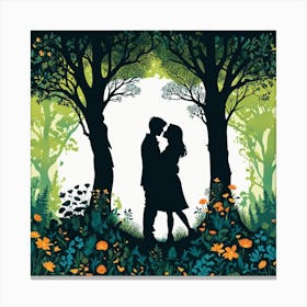 Love Story, Silhouettes Of Two People Hugging Surrounded By Elements Of Nature Flowers Trees Growing , Silhouette Of Couple In The Forest Canvas Print