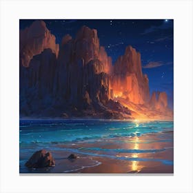 Majestic Twilight Glow Over a Tranquil Seashore With Towering Cliffs Canvas Print