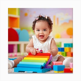 Baby Gripping A Vibrant Paint Palette Cheerful Expression As Fingers Touch A Spectrum Of Vivid Pain (2) Canvas Print