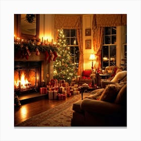 A Cozy Winter Evening By A Roaring Fireplace An Ornately Decorated Christmas Tree Situated In The C (3) Canvas Print