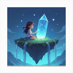 A Girl Sitting On A Floating Island, Holding A Glowing Crystal, With Waterfalls Falling From The Edge Canvas Print