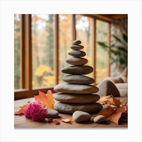 A Pyramid Of Rocks Sits On A Wooden Table Surrounded By Fallen Leaves, Flowers, And A Chair In A Cozy Natural Indoor Setting Canvas Print