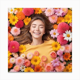 Beautiful Young Woman Laying On Flowers Canvas Print