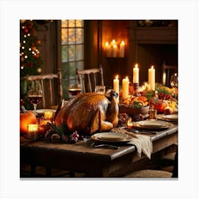 An Inviting Feast Unfolds In A Homey Abundant Setting Right At The Center A Roasted Turkey Radiati (2) Canvas Print