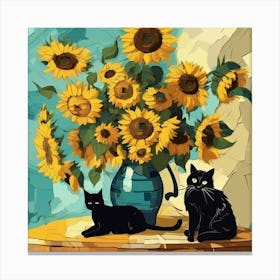 van gogh Sunflowers And Cats Canvas Print