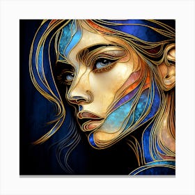 Portrait Of A Beautiful Woman's Face Looking In Style - An Abstract Artwork In Stained Glass Effect With Multi Colors, And Dark Background. Canvas Print