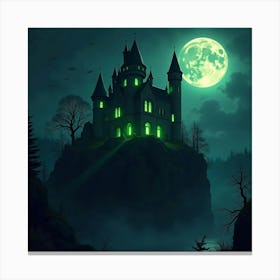 Haunted Castle With Eerie Green Lights, Perched On A Rocky Cliff Under A Full Moon 1 Canvas Print