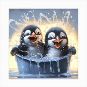Penguins In The Bath Canvas Print