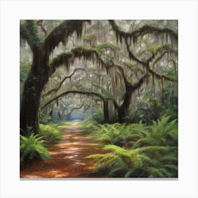 Path Through The Woods , Live Oaks Covered in Spanish Moss and Ferns Canvas Print