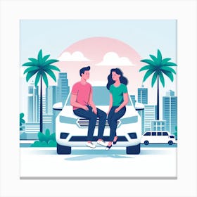 Couple Sitting On Car Canvas Print