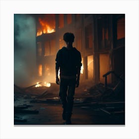 Man Walking Through A Burning Building Canvas Print