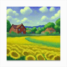 Countryside Harmony A Farmhouse View Sunflowers In The Field Canvas Print