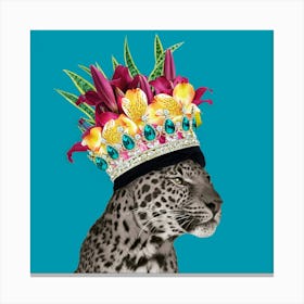 Royal Leopard Wearing Floral Crown In Blue 1 Canvas Print
