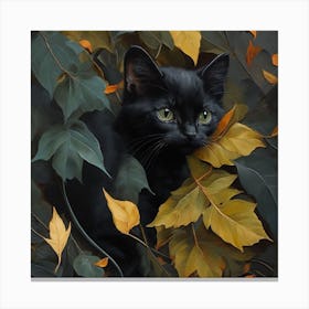 Black Cat In Autumn Leaves Canvas Print