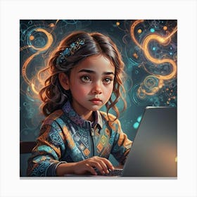 Little Girl Using A Laptop Canvas Print