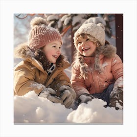 Two Children Playing In The Snow Canvas Print