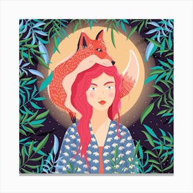 Girl And Her Fox In Moonlight Square Canvas Print