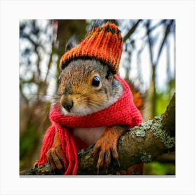 Firefly Squirrel, Closeup, Cute, Knitted, Hat, Scarf, Branch, Tree, Autumn, Cozy, Woodland, Nature, (8) Canvas Print