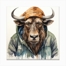 Watercolour Cartoon Wildebeest In A Hoodie 2 Canvas Print