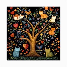 Folk Art Heart Tree Cat Climbing Artwork 5 Canvas Print