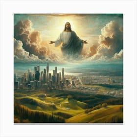 Jesus In The Clouds Over City In The Valley Canvas Print