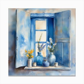 Blue wall. Open window. From inside an old-style room. Silver in the middle. There are several small pottery jars next to the window. There are flowers in the jars Spring oil colors. Wall painting.55 Canvas Print