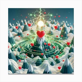 3 Dimensional Mountains With Multiple Green Lightning And White Swirls In A Vortex Of 3 Red Hearts 2 Canvas Print