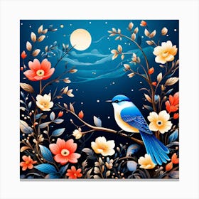 A Bright Toned Design With Flowers And Leaves Trees And Birds A Beautiful And Simple Picture Blue Bird In The Night Canvas Print