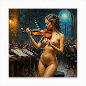 Symphony Orchestra and Naked Woman as Violinist, Embracing Musical Expression Canvas Print