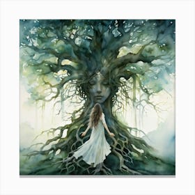 Tree Woman With Roots Intertwining With Limbs Standing Central In A Dreamlike Landscape Watercolor Canvas Print