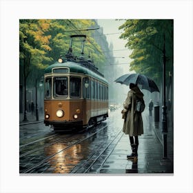 Vintage Tram Urban Scene—a nostalgic image featuring a classic tram on wet city tracks, complemented by an autumnal urban backdrop and a solitary figure with an umbrella Canvas Print