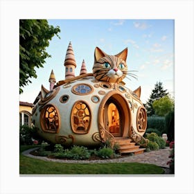 Whimsical House Shaped Like A Giant Cat Playful And Charming Feline Architecture Rising Against A B Canvas Print