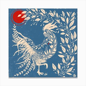 The Rooster And Leaves Light Blue Square Canvas Print