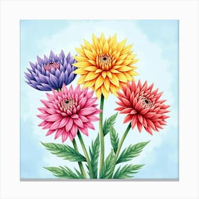 Colorful Watercolor Dahlias Against A Sky Blue Background 1 Canvas Print