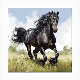 Black Stallion Galloping In Meadow 1 Canvas Print