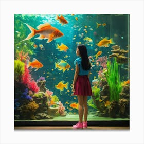 Girl Looking At Fish Tank In Aquarium Canvas Print