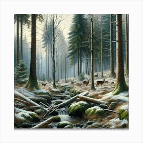 Deer In The Winter Calm Woods, Acrylic Painting Style Canvas Print