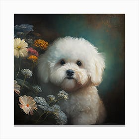 White Dog With Flowers Canvas Print