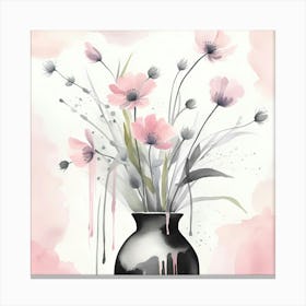Pink Flowers In A Vase Monochromatic Watercolor Canvas Print