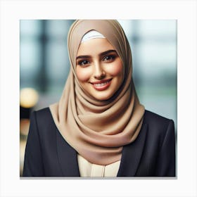 A photo of a young woman wearing a brown hijab. She is smiling and looking at the camera. She is wearing a white blouse and a black suit jacket. Her hair is dark brown and her eyes are brown. She is sitting in an office and there is a window in the background. Canvas Print