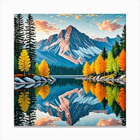 Autumn Mountain Lake Reflection Cubism Style Canvas Print