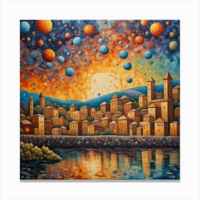 Sunset In The City. Orbital Dreamscape: A Mosaic Town’s Twilight Reflection wall fine art Canvas Print