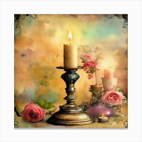 Candle And Roses Canvas Print