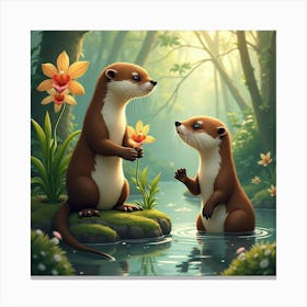 Otters Playing Near Orchids 1 Canvas Print