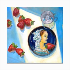 Still Life Oil Painting of Medieval Lady Portrait Strawberries Fruit and Kitchen Coffee Glass Blue Background Elegant Realistic  Impressinism  Canvas Print